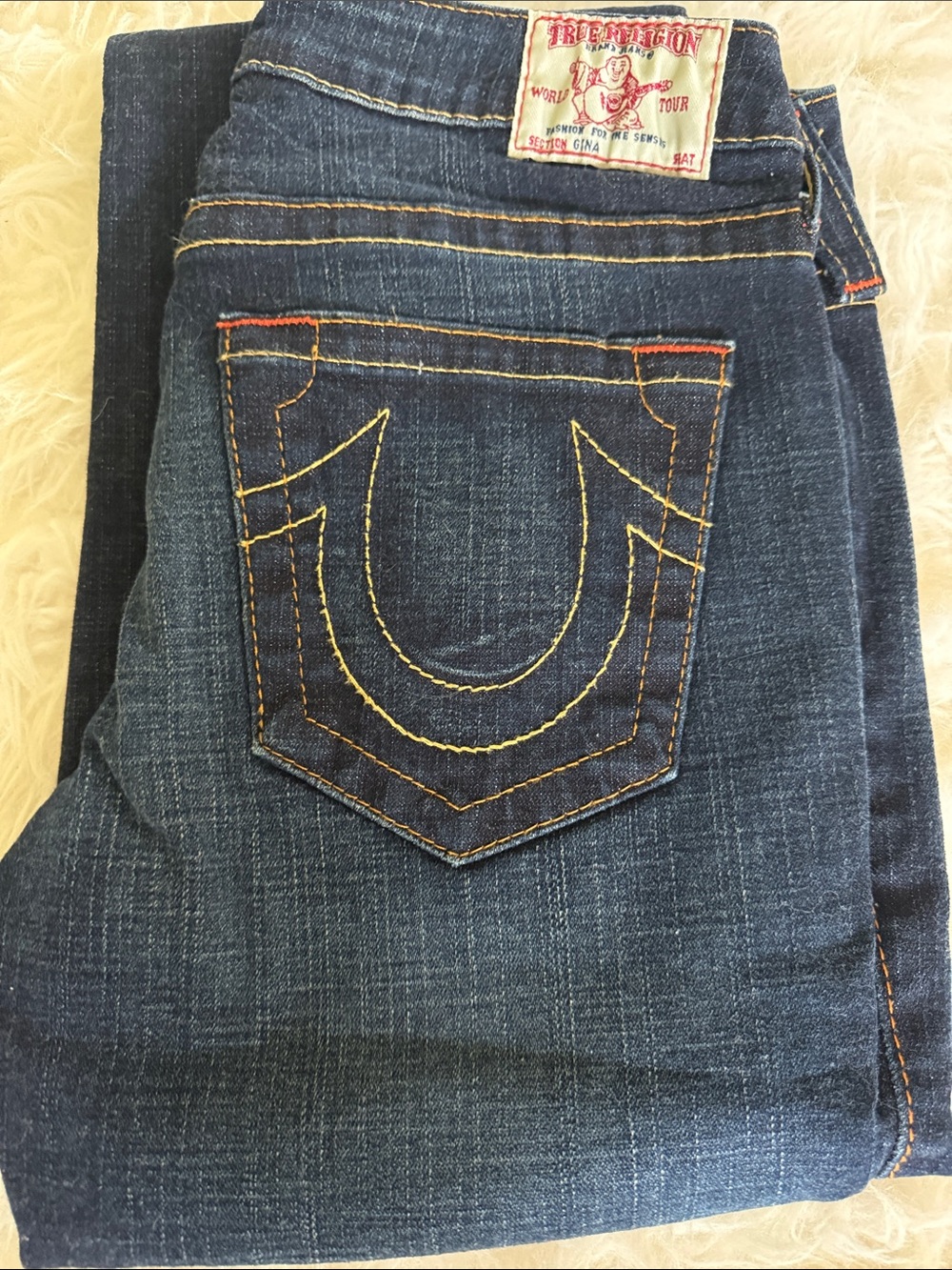 True Religion Bootcut Dark Blue Denim Jeans with Contrast Stitching